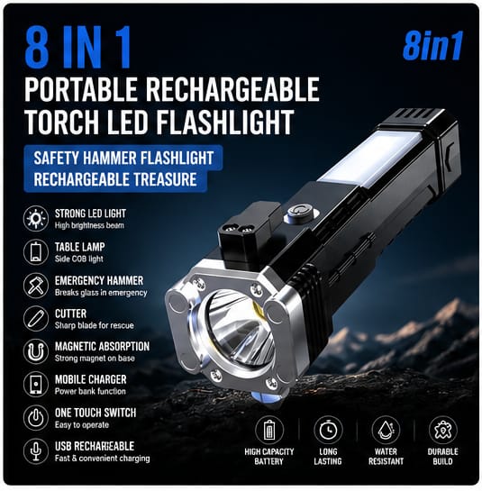 8 in 1 Portable Rechargeable Torch LED Flashlight
