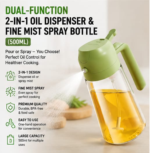 Dual-Function 2-in-1 Oil Dispenser & Fine Mist Spray Bottle (500ml)