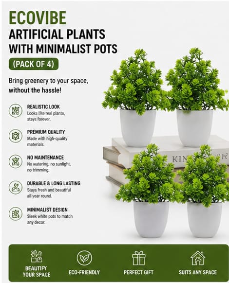 Ecovibe Artificial Plants with Minimalist Pots (Pack of 4)