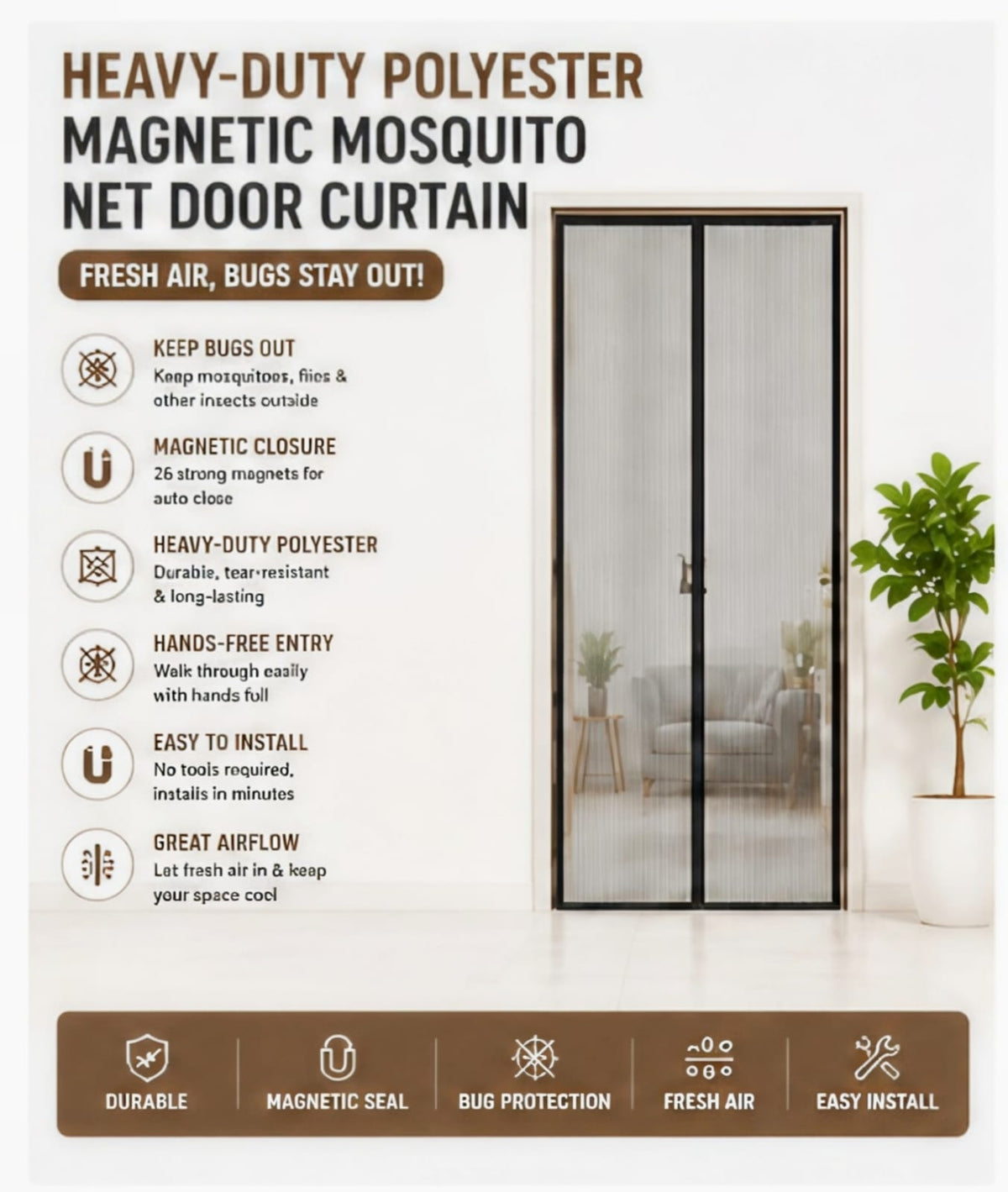 Heavy-Duty Polyester Magnetic Mosquito Net Door Curtain