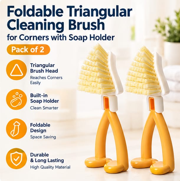Foldable Triangular Cleaning Brush for Corners with Soap Holder (Pack of 2)