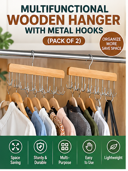 Wooden Hanger with Metal Hooks (Pack of 2)