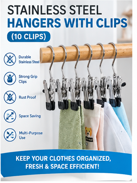 Stainless Steel Hangers with Clips (10 Clips)