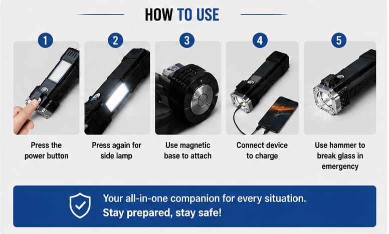 8 in 1 Portable Rechargeable Torch LED Flashlight