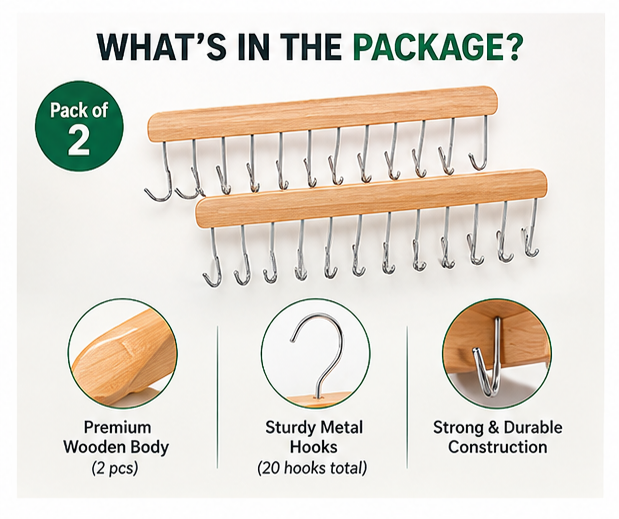 Wooden Hanger with Metal Hooks (Pack of 2)