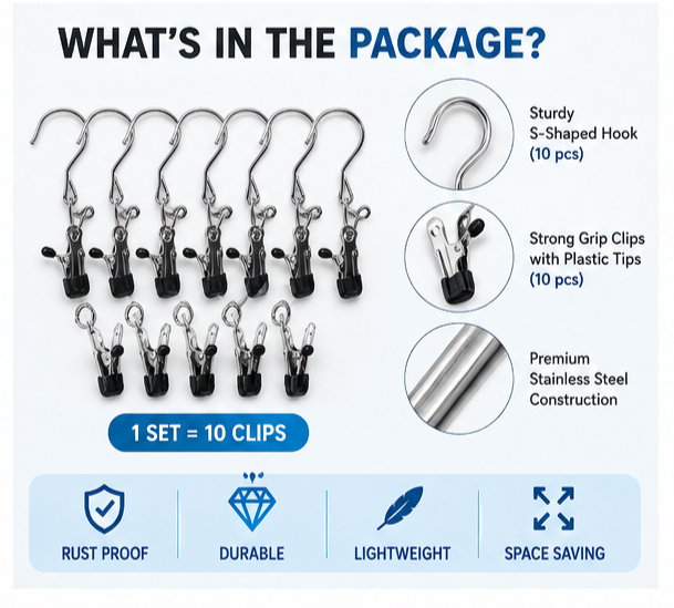 Stainless Steel Hangers with Clips (10 Clips)